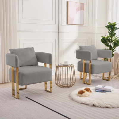 Modern Boucle Bucket Chairs Set, Barrel Accent Chairs Set of 2 with Golden Metal Legs, TeddyUpholstered Reading Armchairs for Vanity Reception Room Bedroom Lounge Office