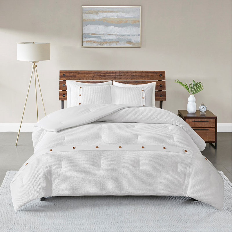 Ensemble d'édredon 3 pièces en coton gaufré blanc, Édredon double et 2 taies décoratives