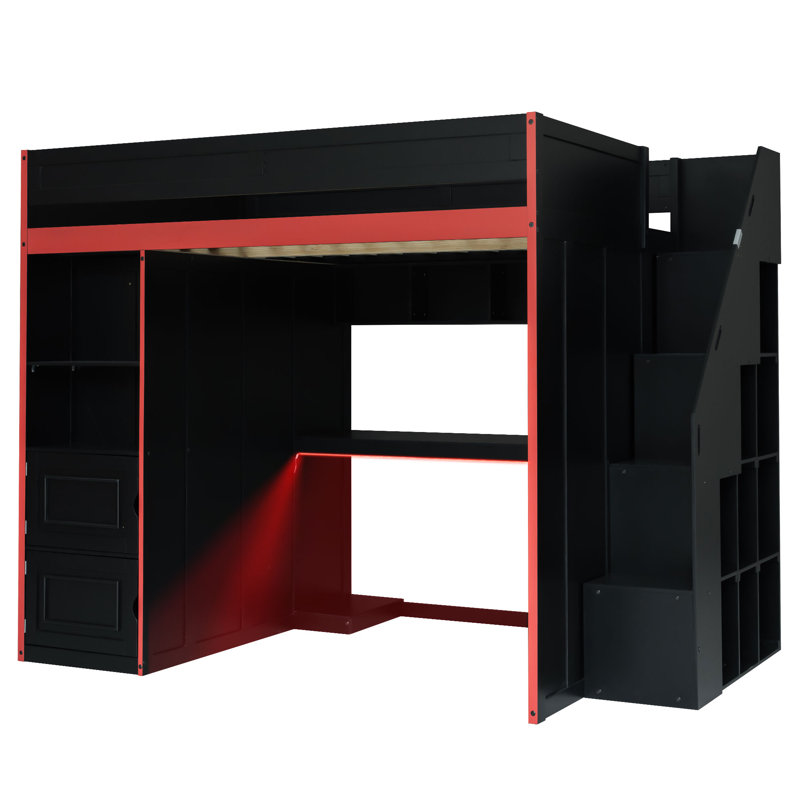 Full-Size Gaming Loft Bed with Desk, Storage Shelves & LED Lights, Modern Teen Bedroom, Full