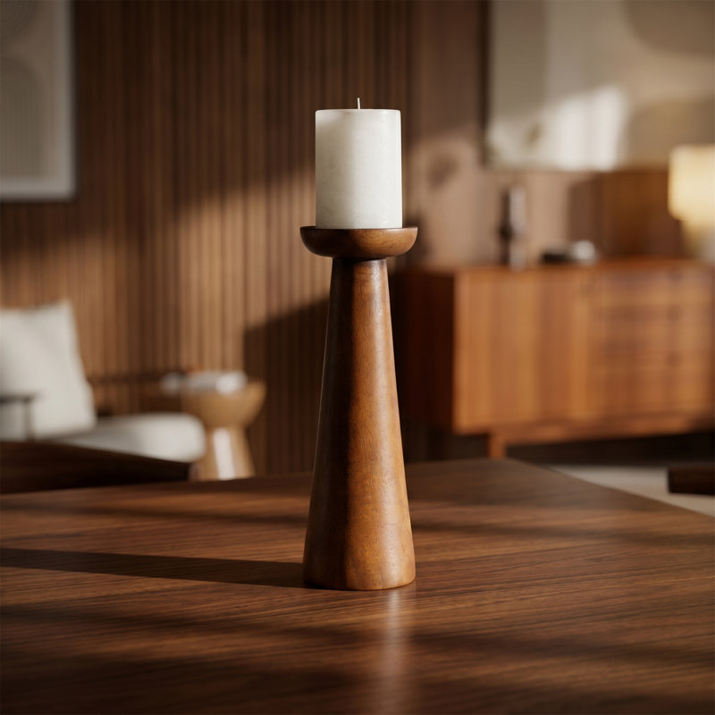 Porte-bougie de 10 pouces, chandelier en bois massif, piédestal conique, centre de table décoratif, style minimaliste Wabi-Sabi, finition en bois naturel