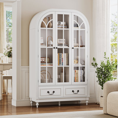 Armoire arquée de 66,9 po de hauteur avec portes en verre, vitrine blanche pour le salon, la cuisine et la salle à manger