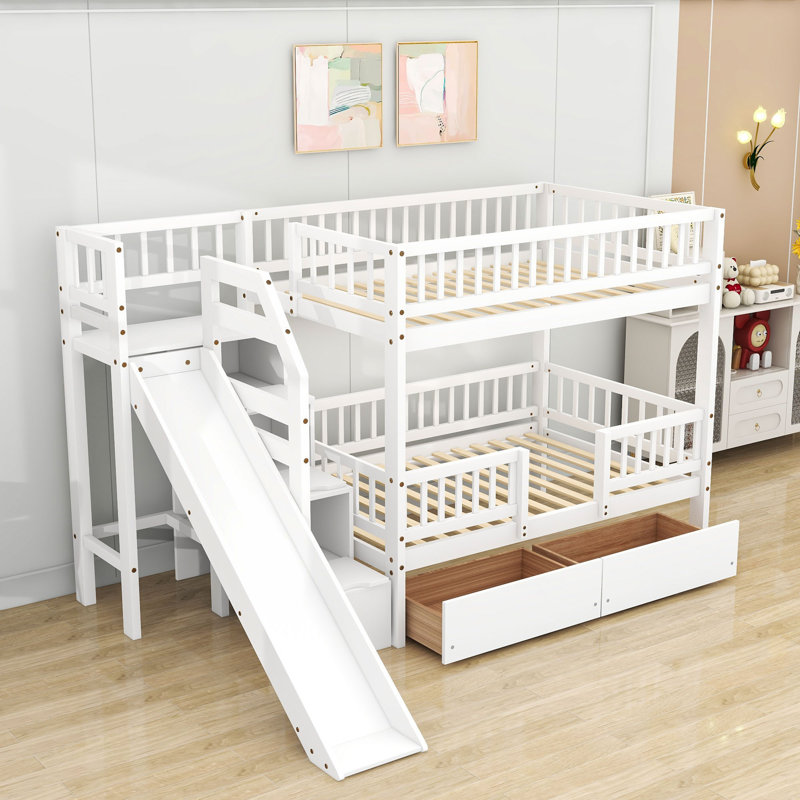 Twin Over Twin Bunk Bed With Slide And Storage Staircase, White