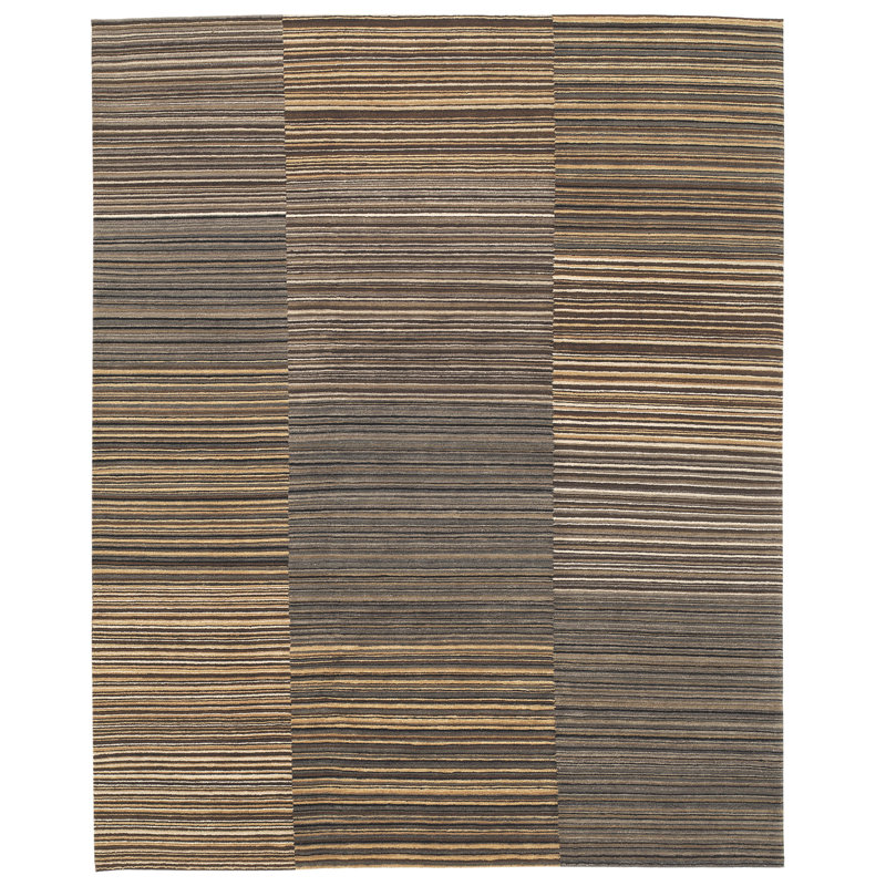 Spectrum Striped Hand-Knotted Wool Brown/Gray Area Rug, Rectangle 8' x 10', Brown/Gray