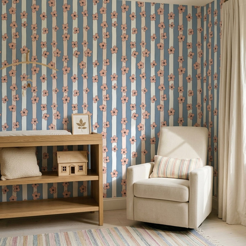 Double rouleau de papier peint amovible bleu pastel Peach Pink Blossoms, Textured Non-Pasted