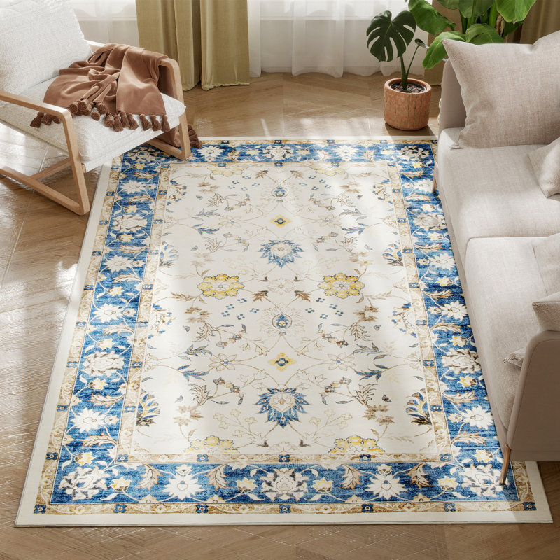 Area Rug 4x6, Machine Washable Rug, Non-Slip Boho Floral Print Floor Cover Foldable Carpet for Living Room, Bedroom, Dining Room, Blue