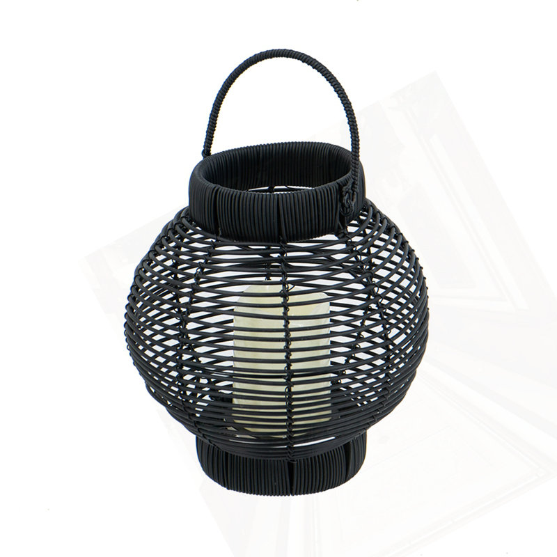 8.7X8.7X9.8" Black Poly Rattan Lantern With White LED Candle, Black
