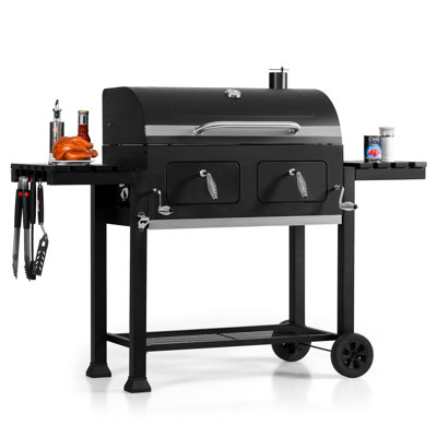 34" Dual Zone Charcoal BBQ Grill with Liftable Trays and 2 Foldable Side Table