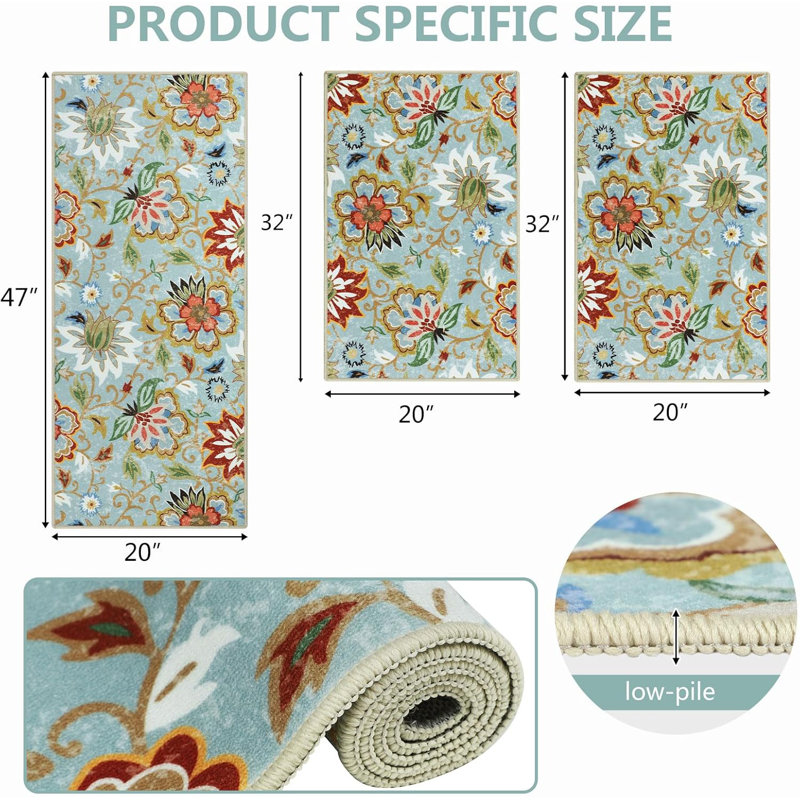 Boho Floral Kitchen Rugs Sets 3 Piece, Green