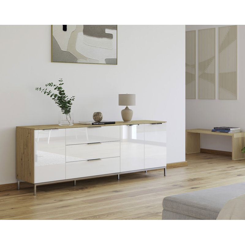 Flipp 3 Drawer 200Cm W Combo Dresser, Artisan Oak/White Glass/Chrome