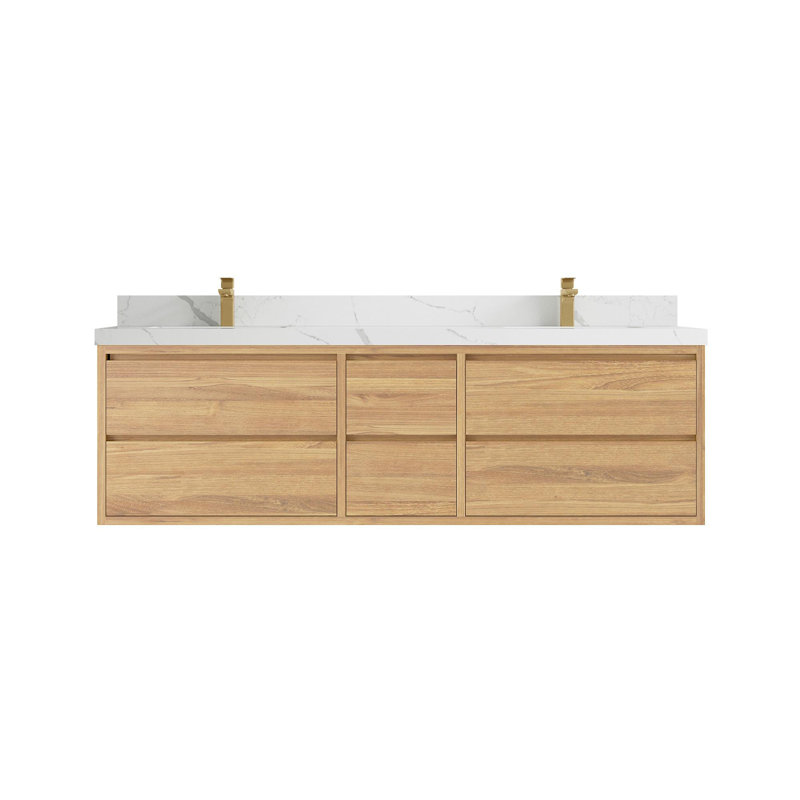 Meuble-lavabo double flottant en teck Madison, Calacatta Laza