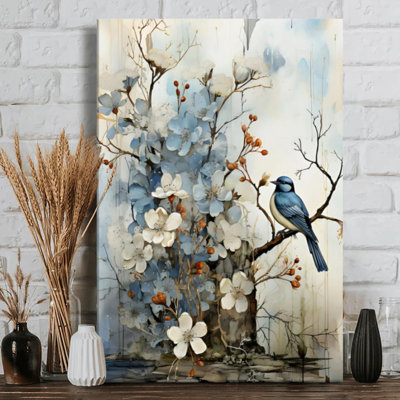 Oiseau bleu perché sur des branches fleuries - Aquarelle sur toile tendue sur châssis, 91,4 cm (H) x 61 cm (L), prête à accrocher