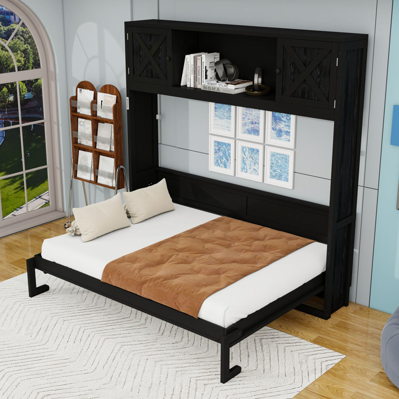 Lit escamotable double avec tablettes de rangement, Beige, Full