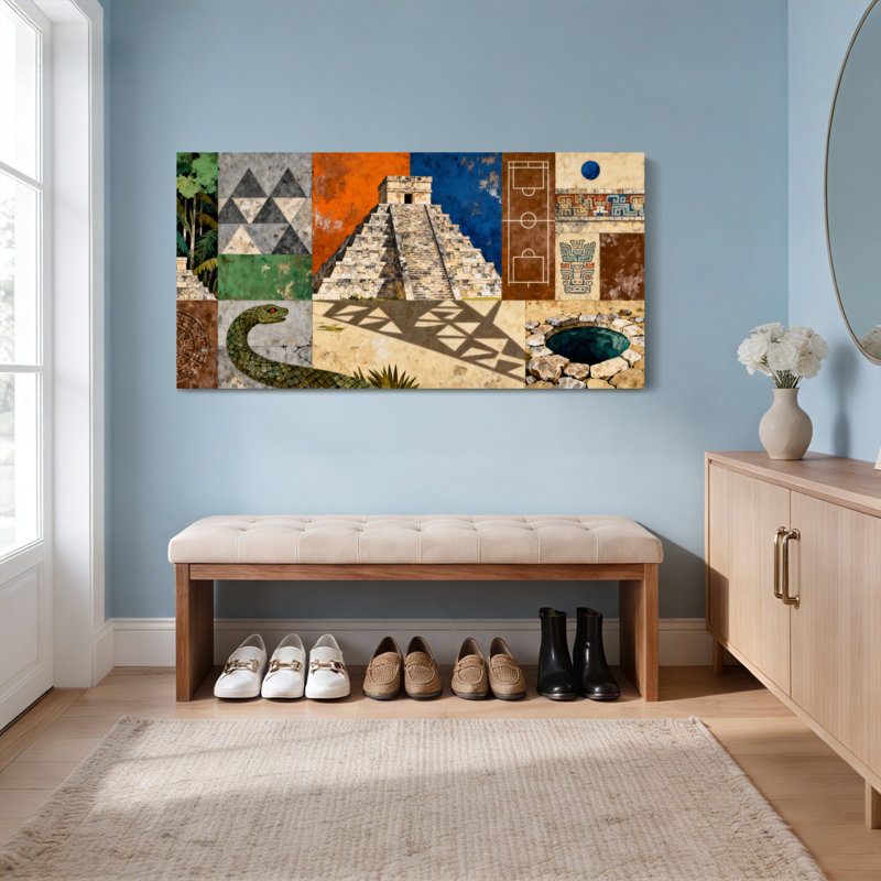 Pyramide maya et motif de toile tendue sur toile tendue, ensemble de 1, H 12 po x l 36 po