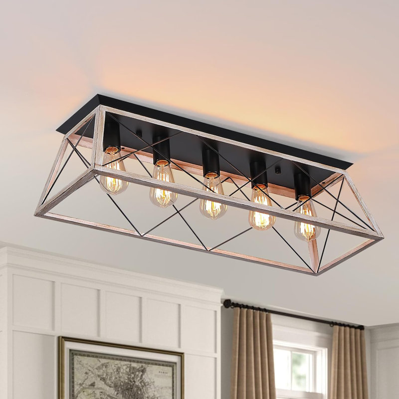 Plafonnier rectangulaire encastré en métal, Noir mat / blanc rétro, 5 lumières, 8,7 po H x 31,5 po L x 10,2 po P