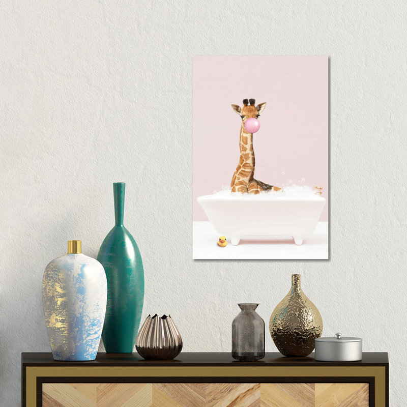 Baby Giraffe With Bubblegum In Bathtub by Tiny Treasure Prints - Gallery-Wrapped Canvas Giclée on Canvas, Canvas