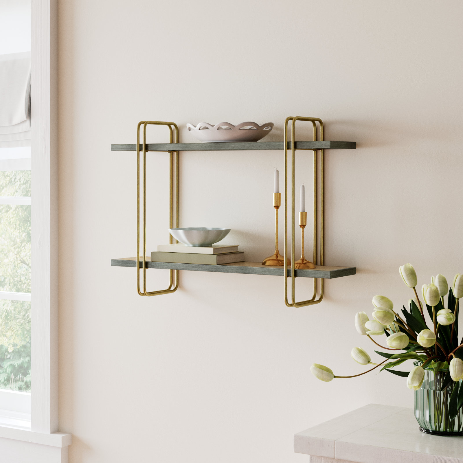Doncia Two-Tier Warm Gold And Washed Oak Brown Metal Hanging Bracket Wall Mounted Shelf