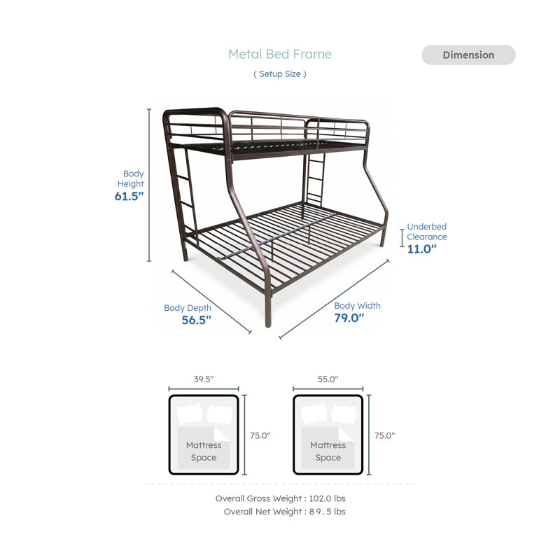 Jareth Modern & Contemporary Metal Twin over Full Bunk Bed with Protective Guard Rails & Integrated Ladder, Twin/Full