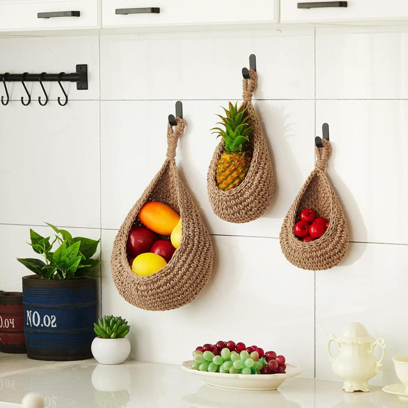 Ensemble de 3 paniers muraux suspendus pour la cuisine Boho Decor, H 3,9 po x l 3,9 po x P 13 po, Brun