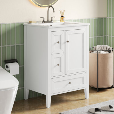 Modern Bathroom Vanity With Ceramic Sink, Soft-Close Drawers, And Storage Rack For Compact Spaces
