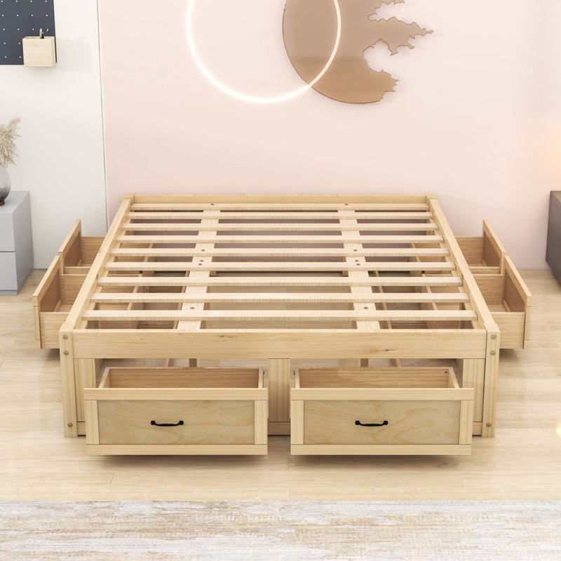 Wooden Platform Bed with 6 Drawers, Antique Natural, Queen