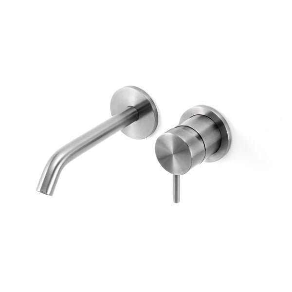 Acquaco Linki One Wall Mount Two-Hole Single Handle Bathroom Lavatory Faucet with 5'' Spout Reach, Satin Stainless