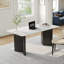 Bureau d'écriture rectangulaire moderne de 63 po, plateau en pierre frittée blanc brillant, base double en acier inoxydable noir
