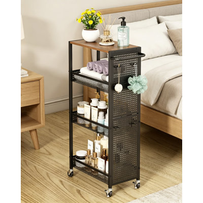 Chariot de rangement utilitaire mince à 4 niveaux, petit chariot d'organisation de salle de lavage de cuisine avec plateau en bois, tablettes étroites en métal, armoire avec poignée, pour espaces restreints, noir