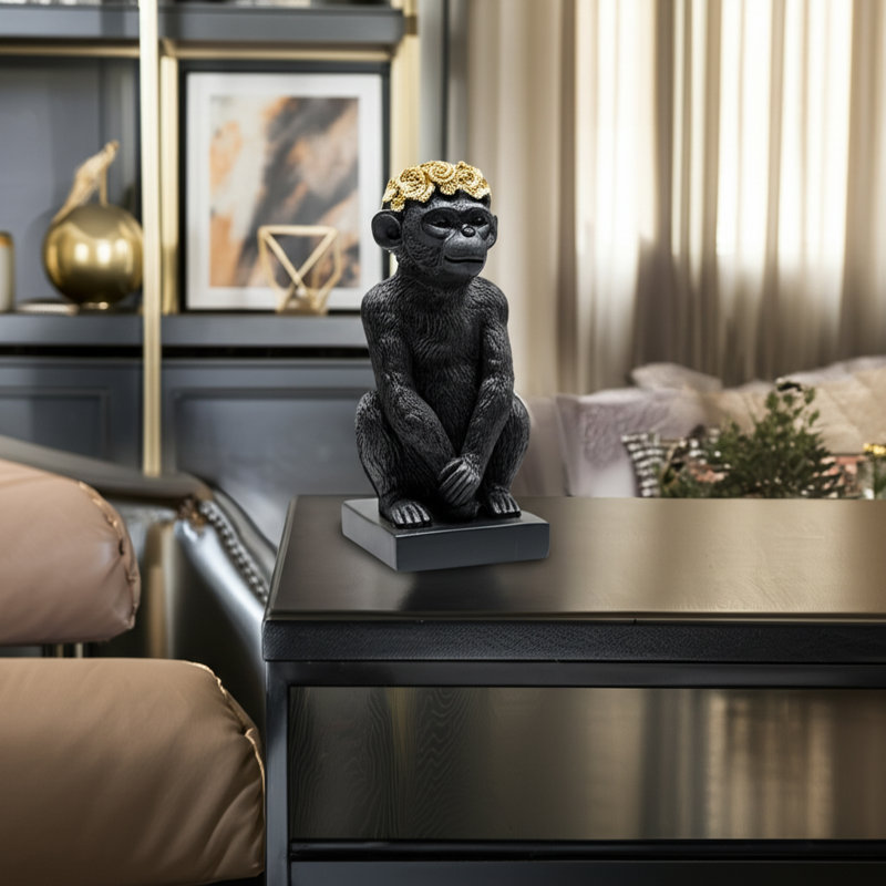 Figurine de singe en résine de polyrésine avec couronne florale., H 8 po x l 5 po x P 3 po, Noir