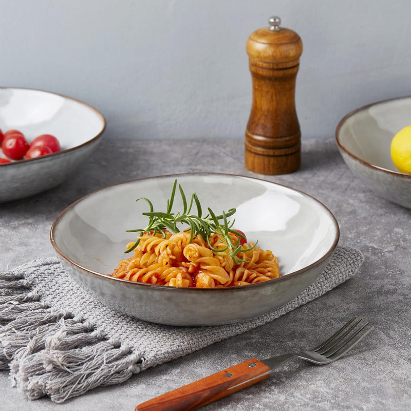 4-Piece Stoneware Pasta Bowl Set- Service For 4, Gray