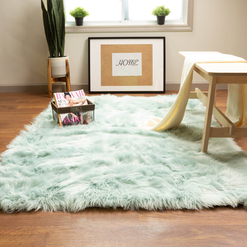 Diller Teal Faux Fur Machine Washable Shag Fluffy Area Rug, Rectangle 3' x 5'