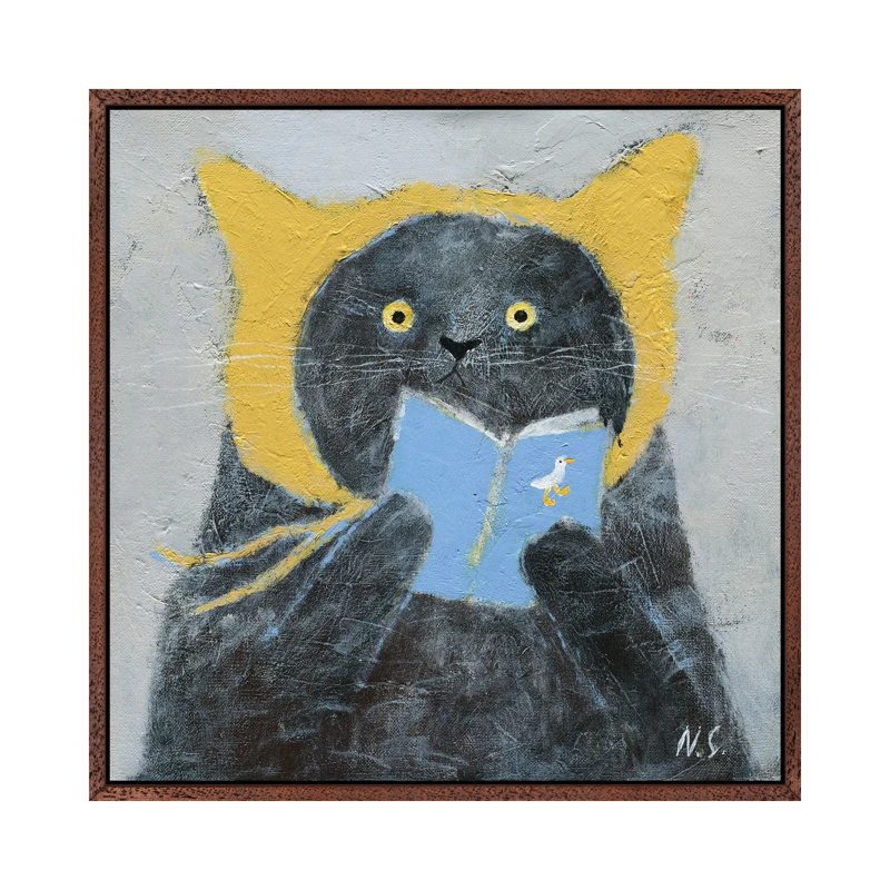 Cat In Yellow Hat With A Book by Natalia Shaloshvili - Painting on Canvas, 66.04cm H x 66.04cm W x 3.81cm D