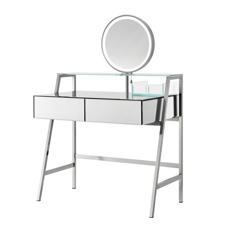 Console de meuble-lavabo à miroir argenté pour la chambre à coucher avec lumières et miroir, 2 tiroirs spacieux, une tablette ouverte, une aire de chargement, un grand bureau à 33,9 po