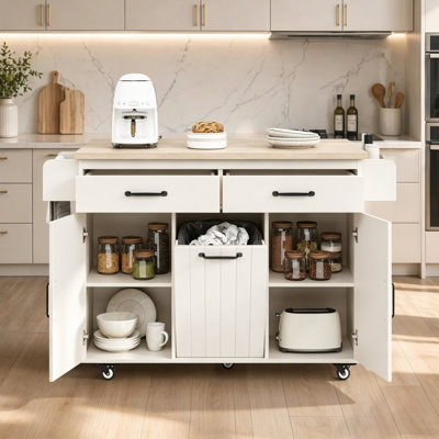 Kitchen Island With Trash Can Storage Cabinet, Kitchen Cart With Drop Leaf, Spice Rack, Towel Rack And Drawer, Rolling Kitchen Island On Wheels With A