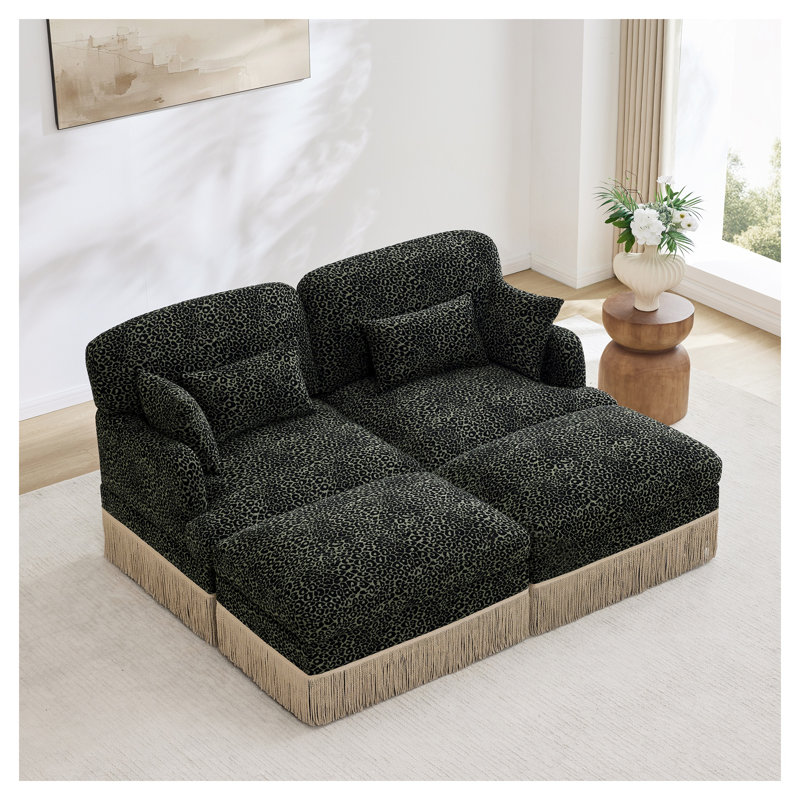 Canapé modulaire moderne en chenille à imprimé léopard avec assise profonde, repose-pieds mobile et garniture à pampilles pour le salon