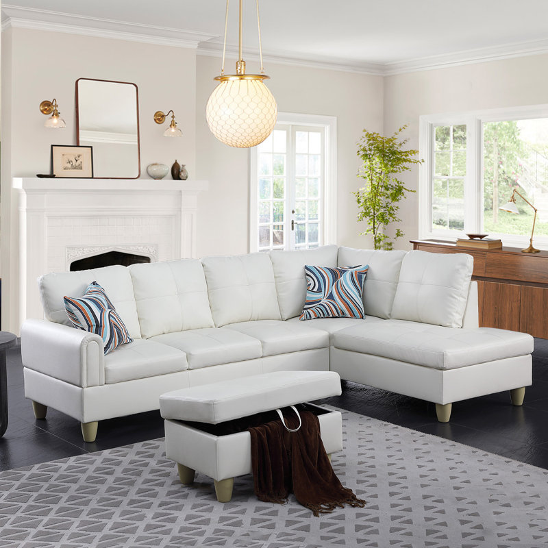 Jayzen 3-Piece Vegan Leather L-shaped Living Room Sectional with Storage Ottoman, Right Hand Facing, White Faux Leather