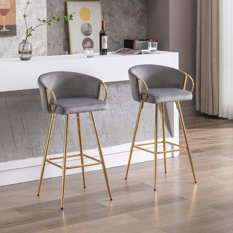 Bar Stools,with Chrome Footrest and Base Velvet + Golden Leg Simple Bar Stool, Gray, Bar Stool (30.31" Seat Height)
