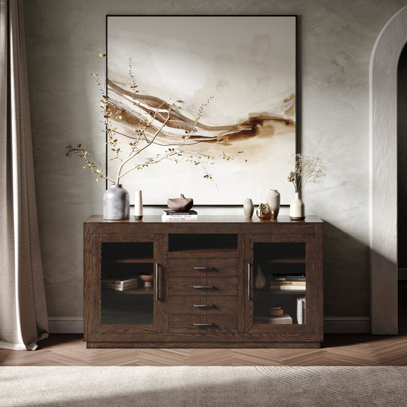 Console média contemporaine 60 po avec portes en verre trempé, tiroirs et tablettes réglables Kavia - chêne clair