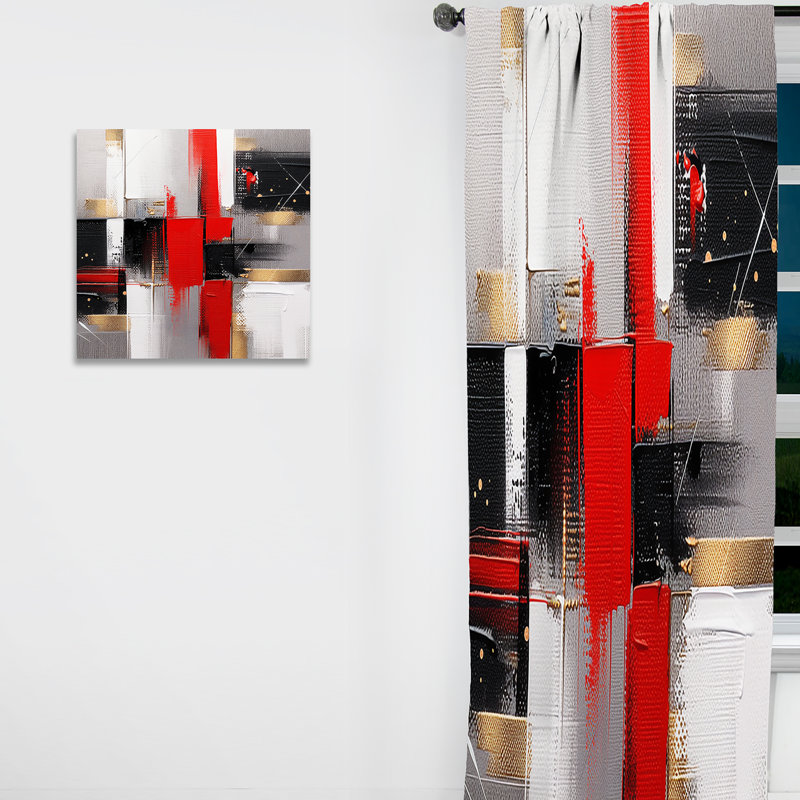 Red and Gold Cubic Abstract I - Cubism Curtain - Velvet Room Darkening - 1 Panel, 52" W x 120" L