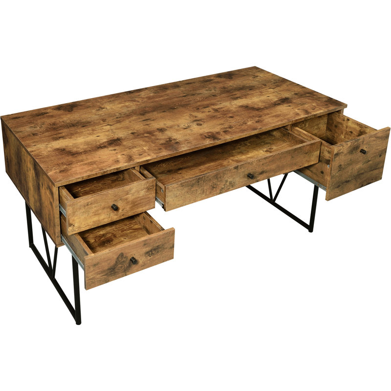 Bureau rustique couleur muscade à 4 tiroirs avec piètement traîneau et structure métallique, apportant une touche chaleureuse et naturelle à votre bureau, hauteur de 77,5 cm (30,5 pouces), offrant un soutien fiable pour une utilisation au bureau.