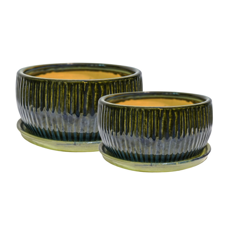  Pair of Round Reactive Glaze Bonsai Planter with Saucer, Emerald
