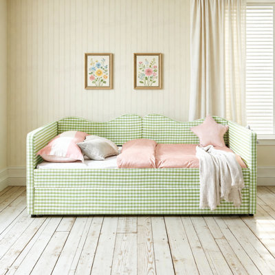 Lit de jour double, lit de jour rembourré en vichy équipé d'un cadre gigogne escamotable et d'une poche de rangement latérale, canapé-lit multifonctionnel en bois massif pour chambre d'enfant et chambre d'amis