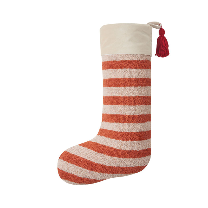 Chaussette de Noël à rayures avec pampilles, Orange / Rouge