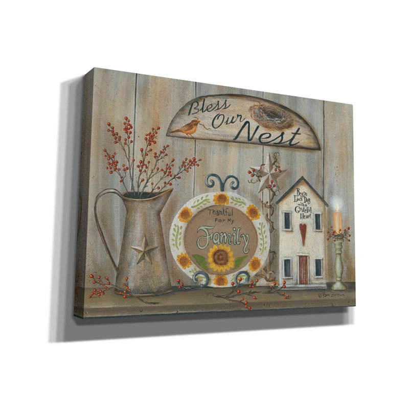«Bless Our Nest Country Shelf» par Pam Britton, art mural sur toile, H 40 po x l 54 po x P 1,5 po