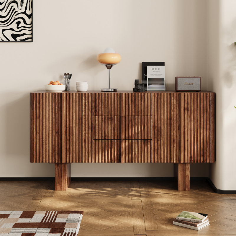 Buffet 63 "en bois cannelé avec bord incurvé et 3 tiroirs, Noyer
