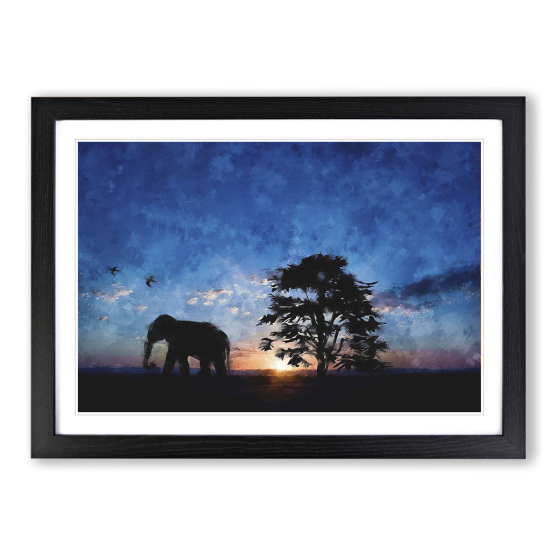 Elephant at Sunset - Framed Print, 27cm H x 36cm W x 2cm D, Black Framed