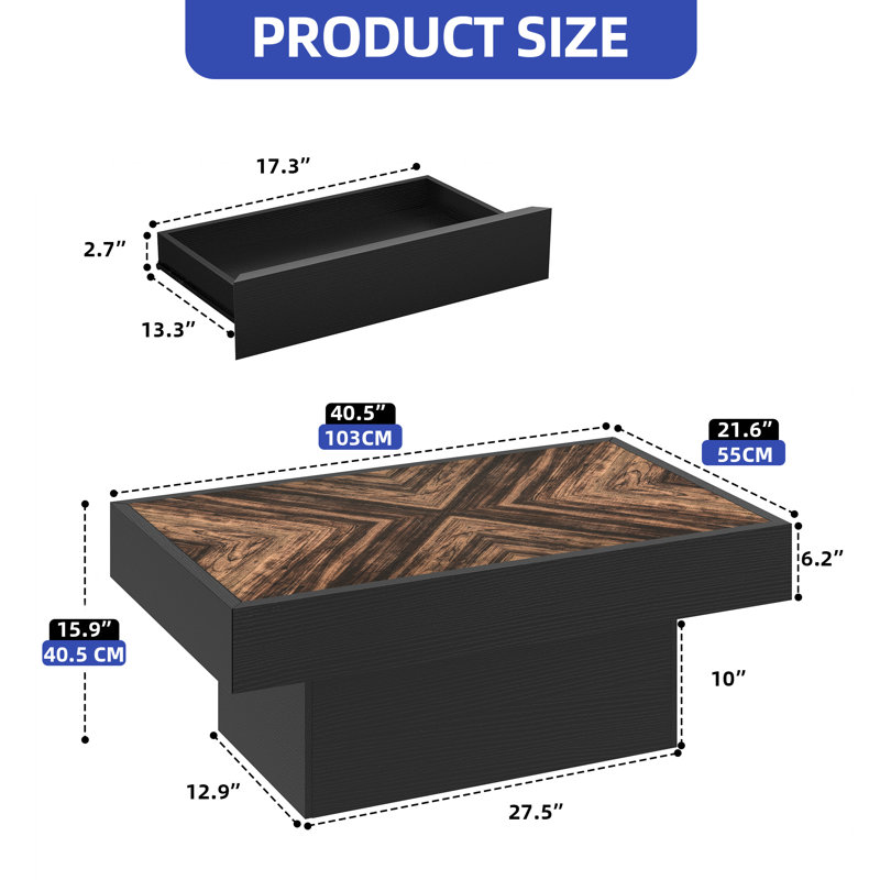 Table basse rectangulaire à DEL, télécommande pour application, tiroirs de rangement, H 15,70 po x L 39,30 po x l 21,60 po