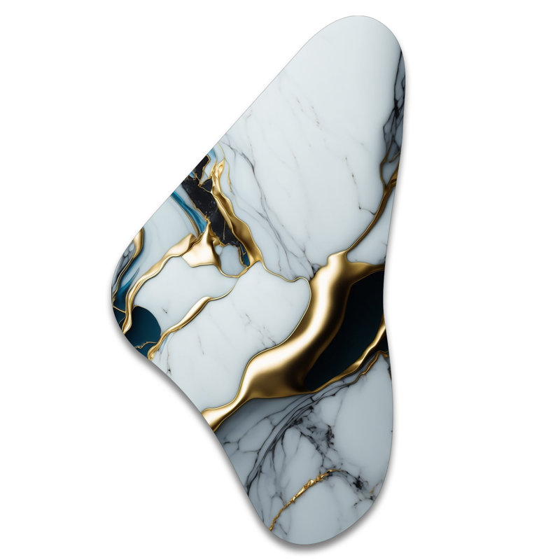 «Abstract Geode Gold and White Marble II», art mural asymétrique en métal pour le salon, reproduction d'art en métal blanc