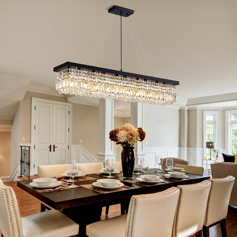 Anacelia 10-Light Crystal Rectangle Chandelier, 47'' L x 10'' W x 10'' H, Black