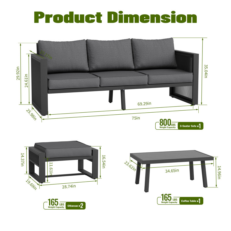 5-Person Patio Conversation Set With Cushions, Featuring Decorative Pull Cord Detailing, Gray Cushion/Black Frame