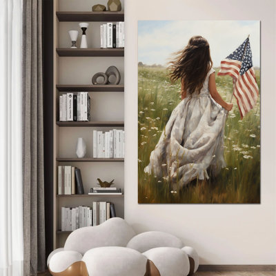 Patriotic Wall Art, American Flag Wall Art, 4th of July Wall Decor for Living Room, Girl Holding Flag Canvas Americana Wall Art, Military Wall Art Gift Ready to Hang